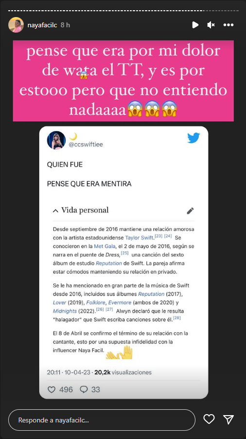 La reacción de Naya Fácil al ser ligada con quiebre de Taylor Swift con su ex pareja. Fuente: Instagram (@nayafacilc)