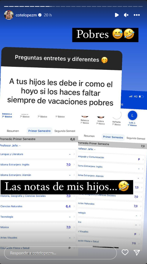 Cote López paró en seco a seguidor que la interpeló por inasistencia de sus hijos al colegio. Fuente: Instagram.