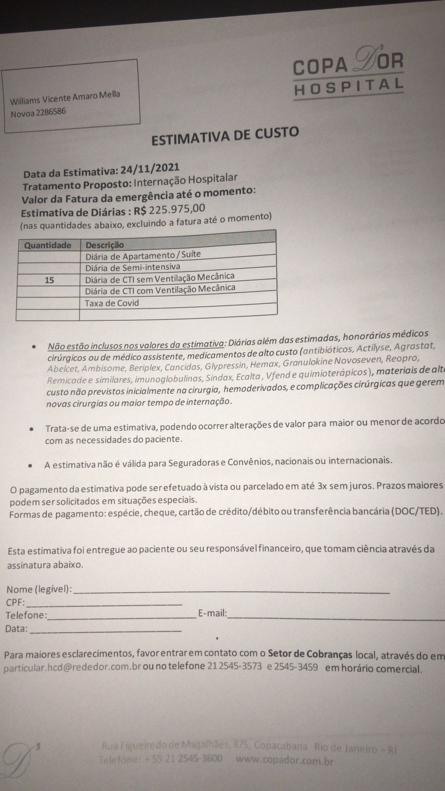 Deuda aproximada de 15 días de tratamiento médico