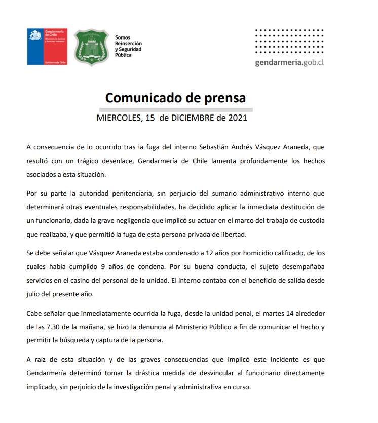 Comunicado Gendarmería